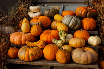 A heap of pumpkins. Stack of variously colored and shaped pumpkins. Orange pumpkins. Pumpkin standing out of the crowd. Autumn. Thanksgiving background. Halloween backdrop. Seasonal holiday concept.