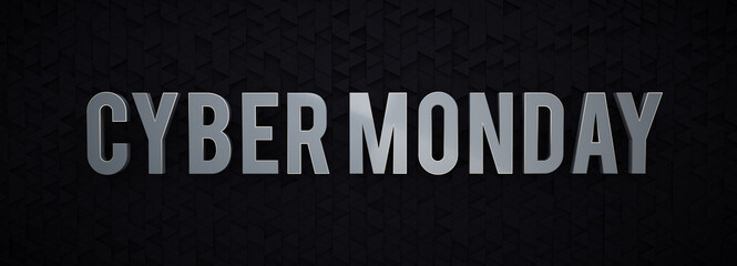 Cyber Monday logo. Cyber Inscription Monday in 3D Rendering on Black Background with Offset Triangles. Design element for event advertising, branding, actions, promotion.