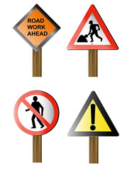 illustration of road signs and symbols showing road work no pedestrian and road warning.