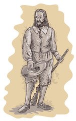 illustration of a Pilgrim standing holding a musket rifle - obrazy, fototapety, plakaty