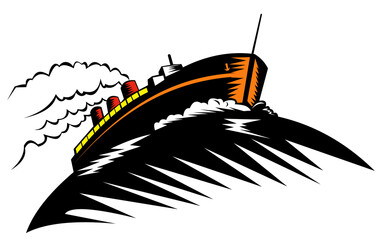 illustration of a passenger cargo ship done in retro style