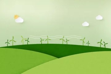 Foto op Canvas Paper art of Sustainability of alternative energy and ecology conservation concept.Wind turbine on green nature mountains landscape background.Vector illustration. © Man As Thep
