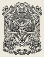 illustration badass demon with Engraving ornament