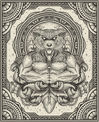 illustration wolf man with antique engraving ornament style
