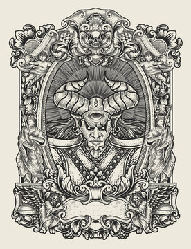 illustration badass demon with Engraving ornament