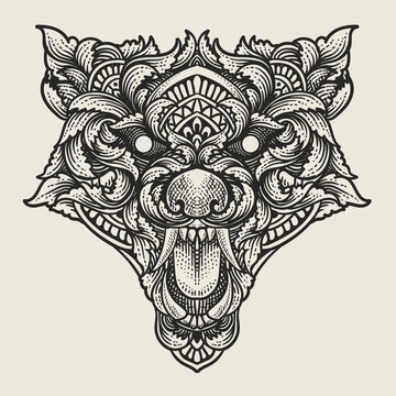 illustration wolf head with engraving style