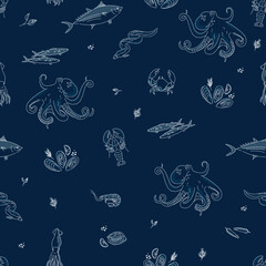 Vector hand drawn seafood seamless pattern with mussel, fish salmon and shrimp. Squid, anchovy, scallop, mollusk, oyster and tuna for product market. Vector illustration on navy blue background