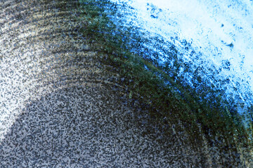 Japanese pottery large dish, cobalt blue and greyish circular pattern surface texture.