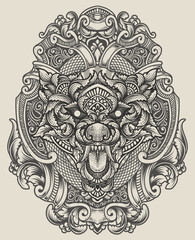 illustration wolf head with engraving ornament style