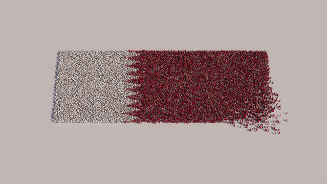 Aerial view of a Crowd of People, coming together to form the Flag of Qatar. Katari Banner on White Background.