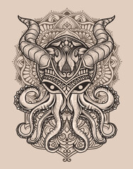 illustration vintage octopus with mandala ornament