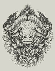 illustration buffalo head with engraving ornament