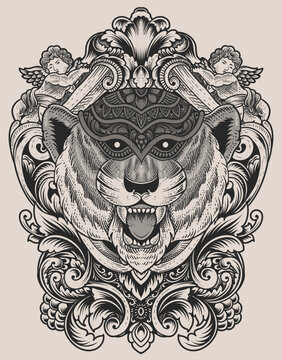 illustration tiger head engraving style with mask