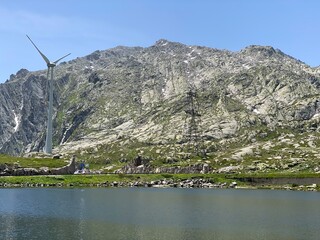 Rocky mountain peaks Poncione di Fieud (2696 m) and Fibbia (2738 m) in the massif of the Swiss Alps...