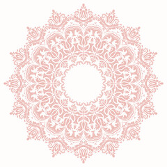 Oriental vector ornament with arabesques and floral elements. Traditional classic light pink round ornament. Vintage pattern with arabesques