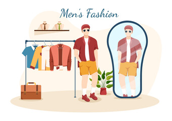 Fashion Men and Outfit of Fashionable Man in Boutique Indoor or Clothes Shop for Shopping on Flat Cartoon Hand Drawn Templates Illustration