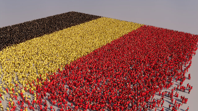A Crowd of People coming together to form the Flag of Belgium. Belgian Banner on White.
