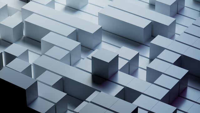 Contemporary Tech Background with Perfectly Constructed Glossy Cubes. Grey, 3D Render.