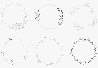 Floral and circle hand drawn style. Floral pink frame of twigs, leaves and flowers. Frames for the Valentine's day, wedding decor, logo and identity template.