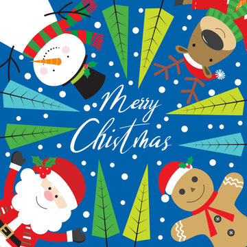 christmas card with santa, snowman, reindeer and gingerbraed man