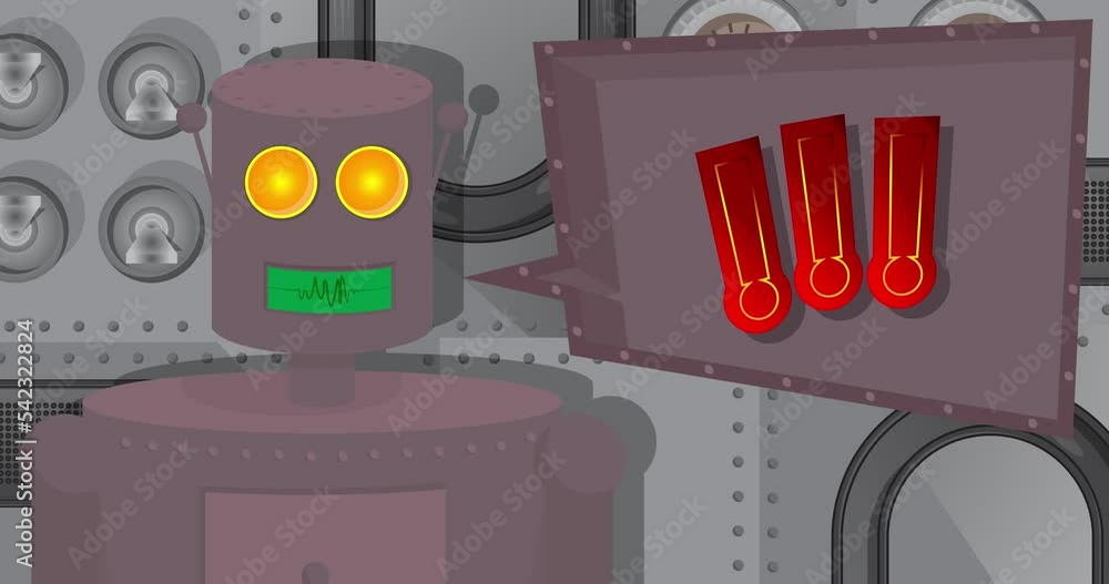 Aufkleber robot saying exclamation mark, social media notification sign with speech bubble. cartoon animated v