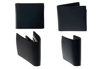 collection of various black leather wallet isolated on white background with clipping path.