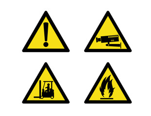 Obraz premium illustration of workplace signs showing warning, caution, security camera, forklift truck operation and flammable on isolated white background