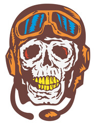 Illustration of a skull face pilot airman wearing helmet and goggles woodcut style.