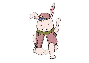 洋服を着たウサギが手を上げているカラーイラスト
