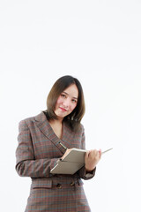 Portrait beautiful working Asian woman , business girl standing arms crossed with happiness on white background