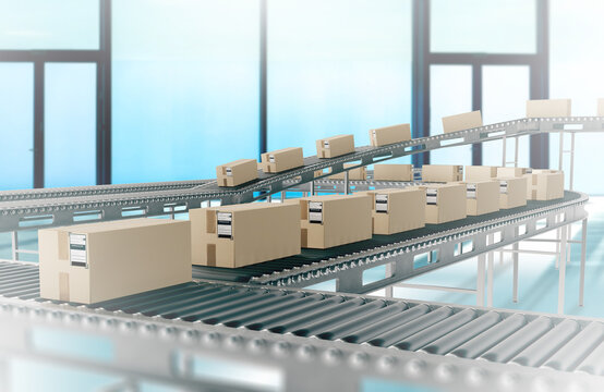 The conveyor tape moves cardboard boxes. Warehouse without people. Automation for the distribution of goods in the warehouse room. The converter tape moves a packaged product. 3d image