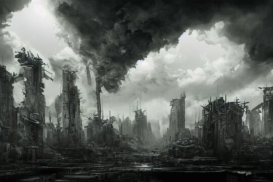 Destroyed city, destruction, end of the world, ruins cityscape future lost barren wasteland 