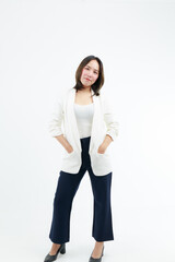 Portrait beautiful working Asian woman , business girl standing arms crossed with happiness on white background