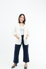 Portrait beautiful working Asian woman , business girl standing arms crossed with happiness on white background