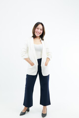 Portrait beautiful working Asian woman , business girl standing arms crossed with happiness on white background