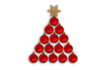 Greeting card christmas tree is made of sparkling red christmas balls, template for copy space text