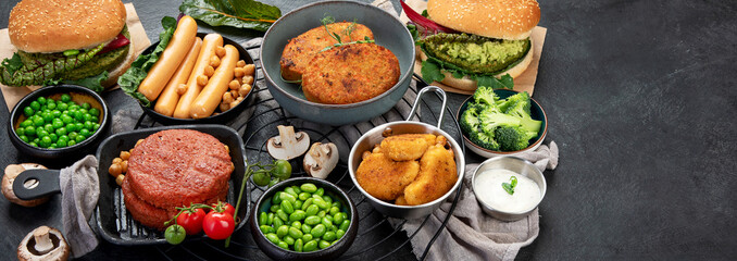 Variety of plant based meat, food.