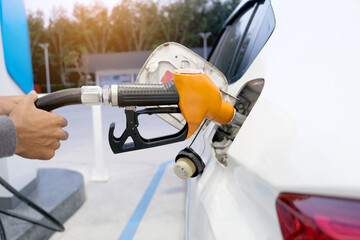 fuel nozzle Refuel the car at the service station. Energy concept, gasoline, gasohol, renewable energy