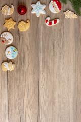 Merry Christmas with homemade cookies on wood table background. Xmas, party, holiday and happy New Year concept
