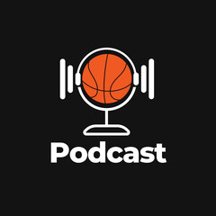 BasketBall with Headphone and microphone Logo Design. Suitable for Basketball Sport Streaming Podcast Broadcast Radio Channel Business Brand Simple Modern Logo Design.