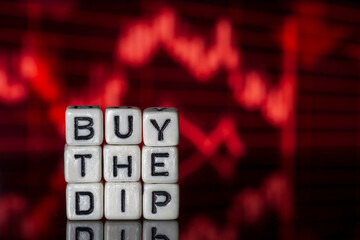 Buy The Dip Concept Dice Letters Red Arrow Down Black Background Macro