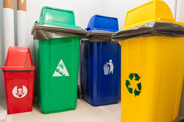 Colorful trash dustbin, Red, green, blue and yellow bin for Hazardous, Biodegradable, General and...