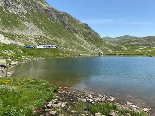 Summer atmosphere on the Lago dei Monti or Lake of the Mountains in the Swiss alpine area of the...