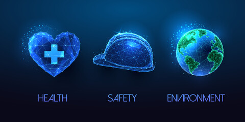 Concept of Health Safety Environment in futuristic glowing low polygonal style on blue background