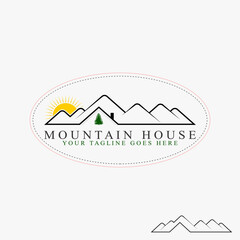 Simple and unique line mountain with roof house image graphic icon logo design abstract concept vector stock. Can be used as symbol related to adventure or home