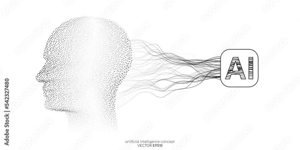 Poster Vector illustration human head black dot particles and neural network wavy line isolated on black background in concept of A.I. artificial intelligence technology, machine learning, neuroscience