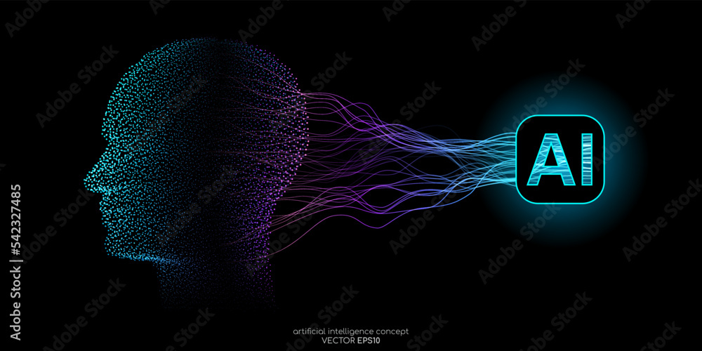 Wall mural Vector illustration human head dot particles blue light and neural network wavy line isolated on black background in concept of A.I. artificial intelligence technology, machine learning, neuroscience