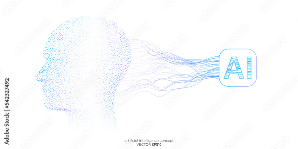 Poster vector illustration human head dot particles blue purple and neural network wavy line isolated on wh