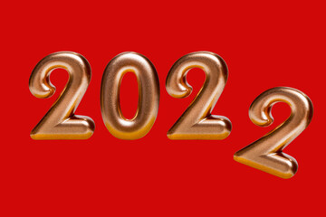 Golden numbers 2022 with the last deuce falling. New Year, Christmas and decorations for holidays and events. Isolated on a bright red background.