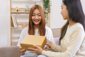Relax at home concept, LGBT lesbian female is smiling while receiving gift box from girlfriend